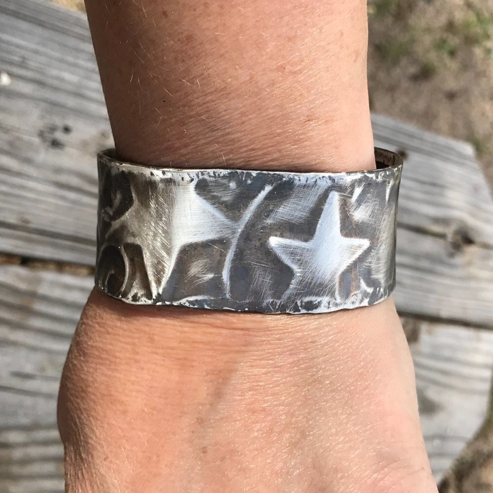 Stars Unisex Solid Sterling Silver 925 Cuff Bracelet Embossed Handmade Mens Gift